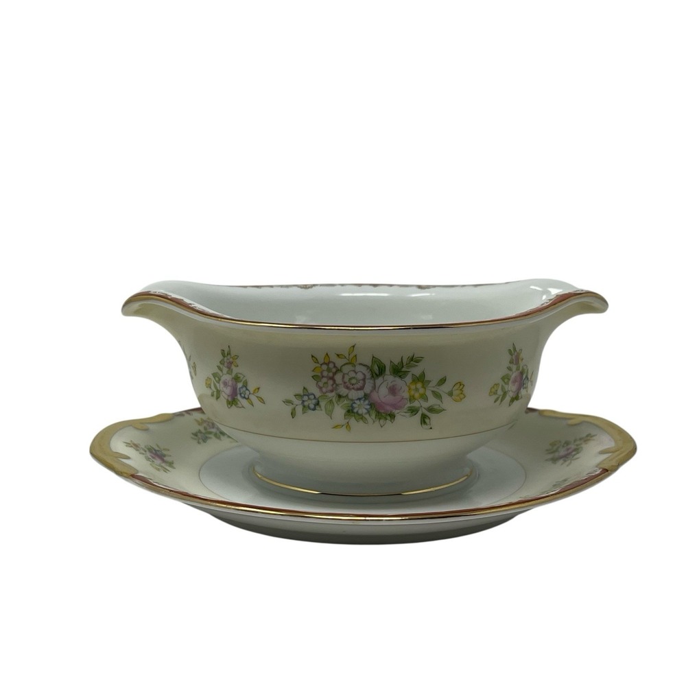 Meito China Dubarry Gravy Boat w/ Attached Underplate Hand Painted Japan Vintage